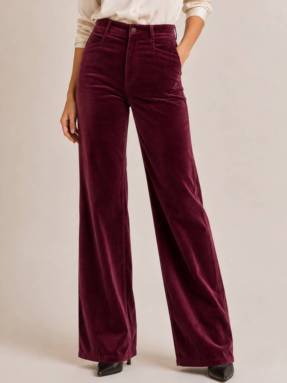 PAIGE Leenah Berry Jam Stretch Velvet Wide Leg Trousers Burgundy Sz 31